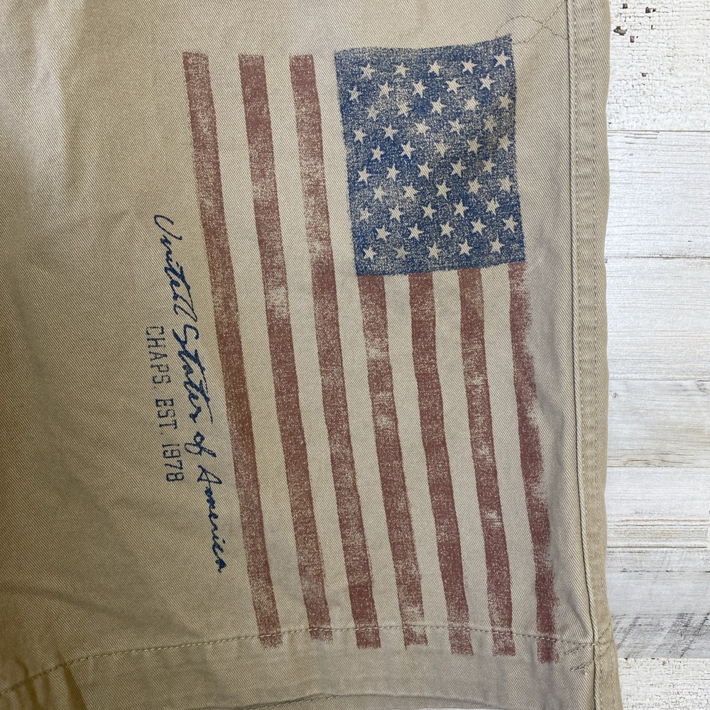Chaps Shorts Men 36 10" Beige Khaki Zip & Drawstring 100% Cotton American Flag - Picture 3 of 11